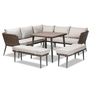 Baxton Studio Lillian Modern and Contemporary Upholstered and Brown Finished 5-Piece Woven Rattan Outdoor Patio Set