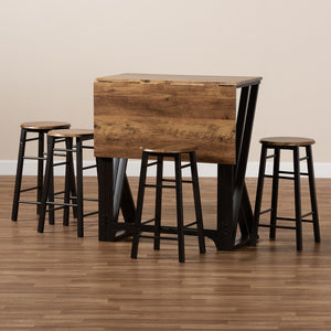 Baxton Studio Richard Industrial And Rustic Walnut Finished Wood And Black Metal 5-Piece Pub Set With Extendable Tabletop