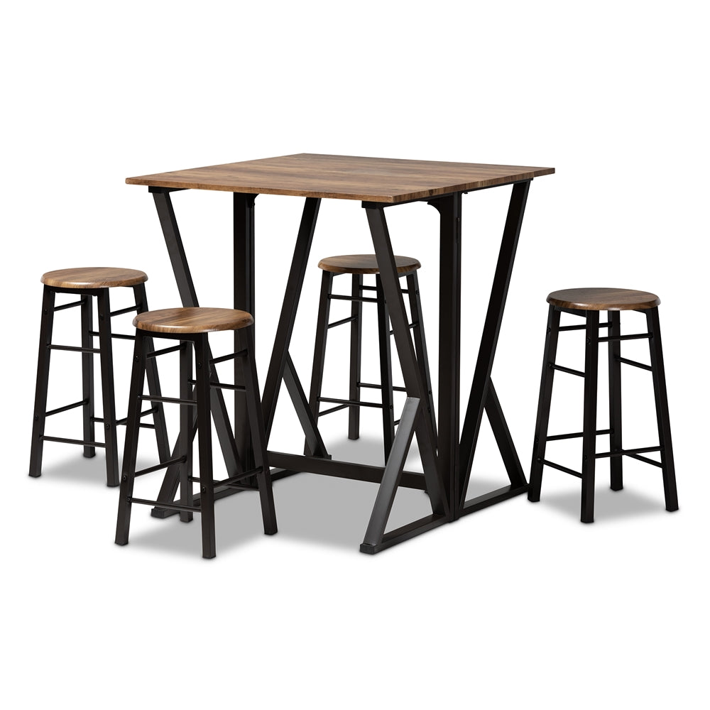 Baxton Studio Richard Industrial And Rustic Walnut Finished Wood And Black Metal 5-Piece Pub Set With Extendable Tabletop