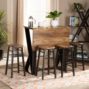 Baxton Studio Richard Industrial And Rustic Walnut Finished Wood And Black Metal 5-Piece Pub Set With Extendable Tabletop