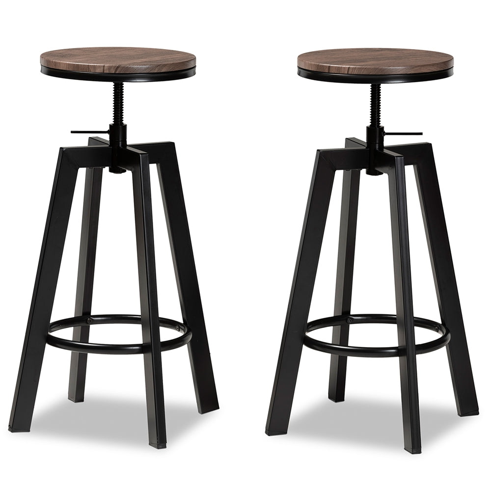 Baxton Studio Maritta Vintage Industrial Rustic Walnut Finished Wood And Black Metal 2-Piece Adjustable Swivel Bar Stool Set