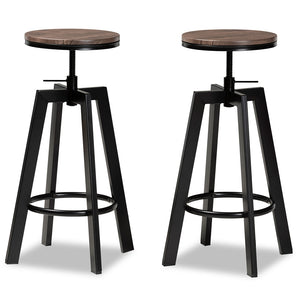 Baxton Studio Maritta Vintage Industrial Rustic Walnut Finished Wood And Black Metal 2-Piece Adjustable Swivel Bar Stool Set