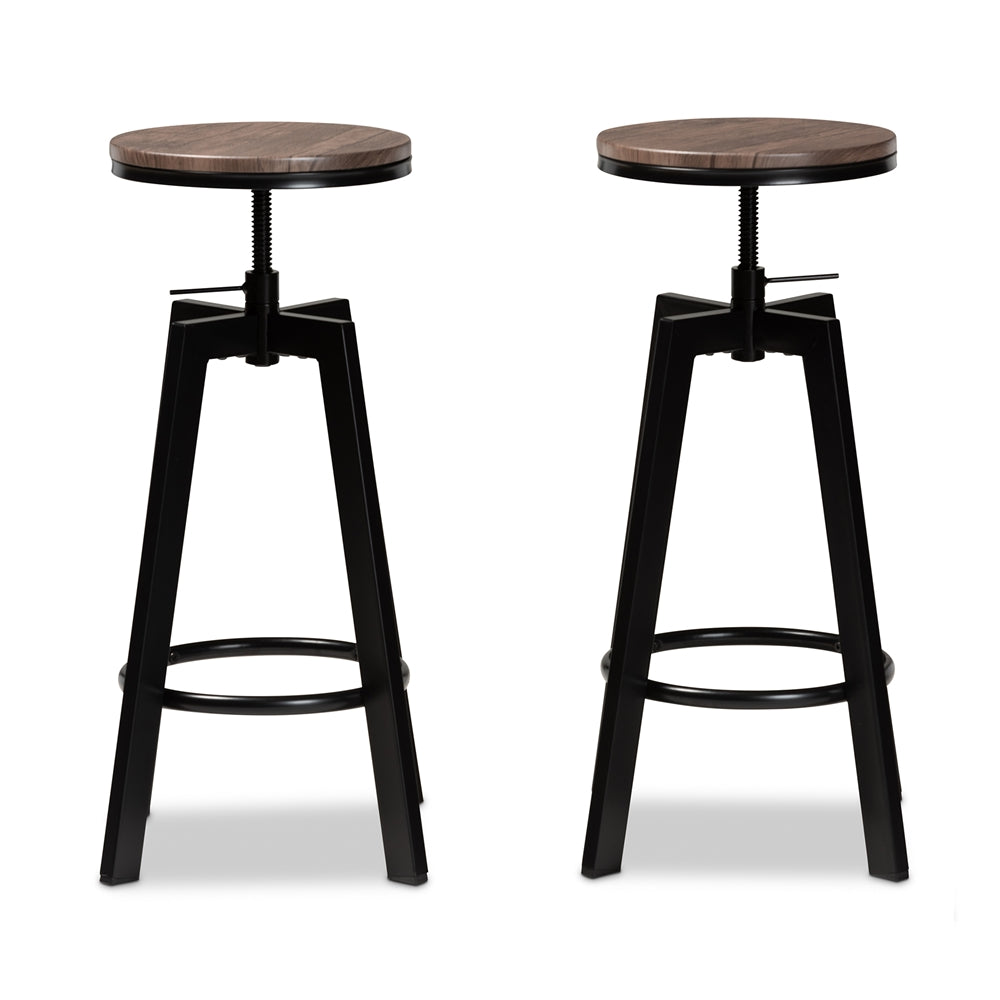 Baxton Studio Maritta Vintage Industrial Rustic Walnut Finished Wood And Black Metal 2-Piece Adjustable Swivel Bar Stool Set