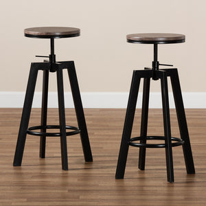 Baxton Studio Maritta Vintage Industrial Rustic Walnut Finished Wood And Black Metal 2-Piece Adjustable Swivel Bar Stool Set