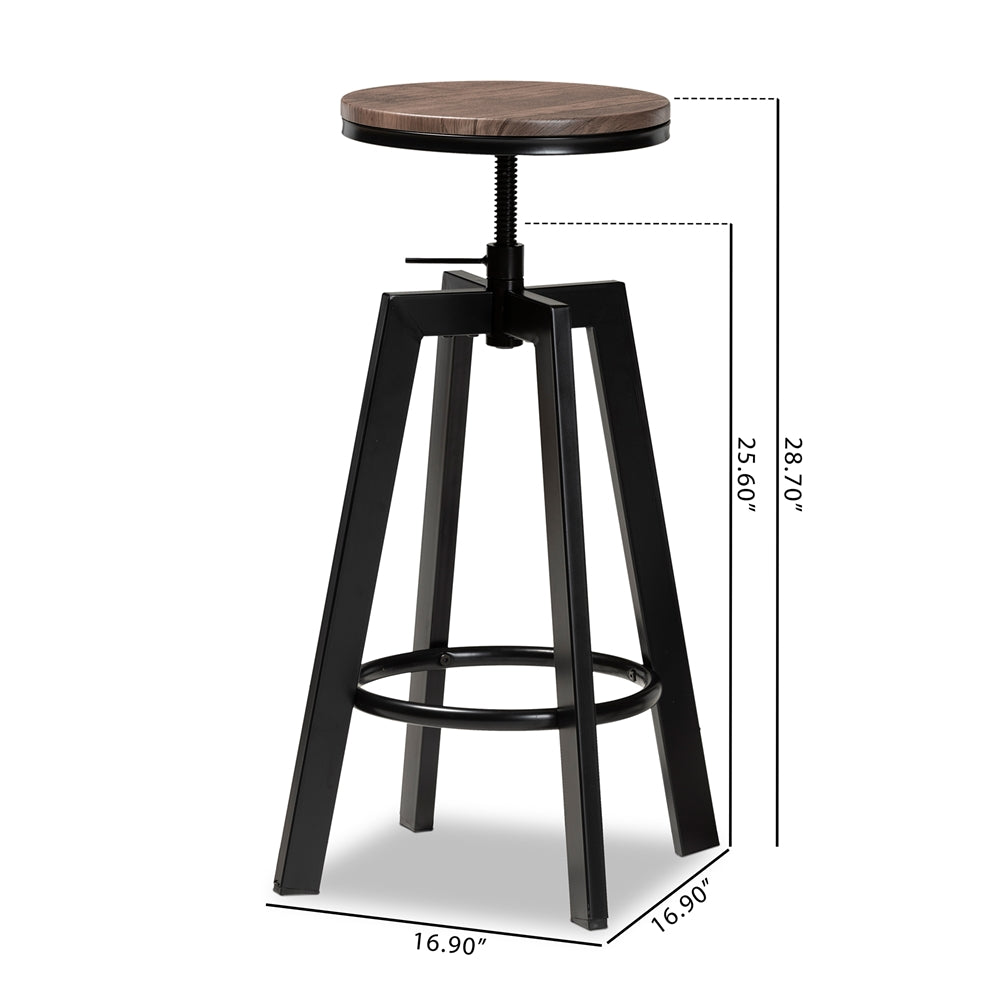 Baxton Studio Maritta Vintage Industrial Rustic Walnut Finished Wood And Black Metal 2-Piece Adjustable Swivel Bar Stool Set