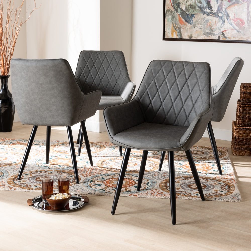 Baxton Studio Astrid Mid-Century Contemporary Grey Faux Leather Upholstered And Black Metal 4-Piece Dining Chair Set