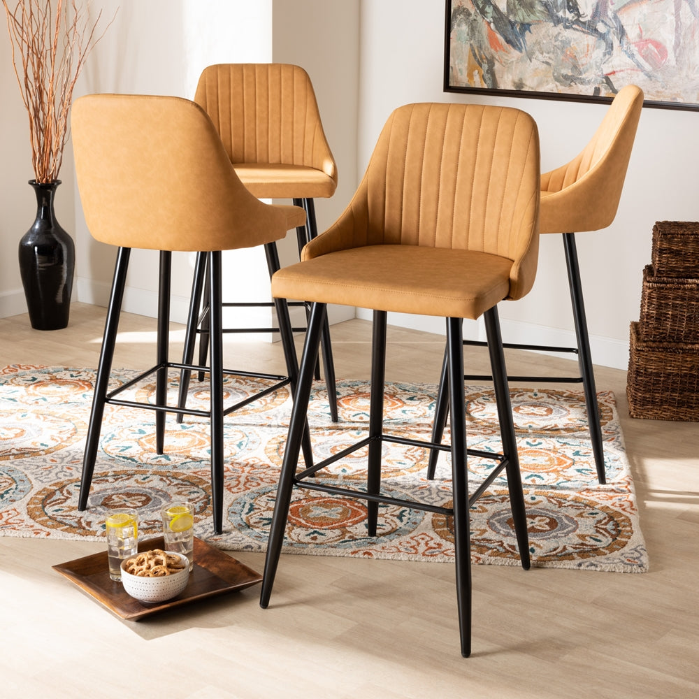 Baxton Studio Walter Mid-Century Contemporary Tan Faux Leather Upholstered And Black Metal 4-Piece Bar Stool Set