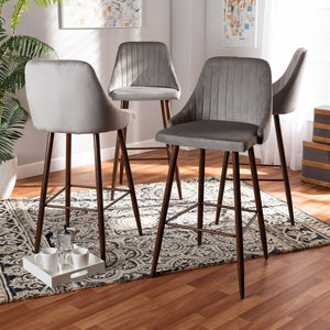 Baxton Studio Walter Mid-Century Contemporary Grey Velvet Fabric Upholstered And Walnut Finished 4-Piece Bar Stool Set