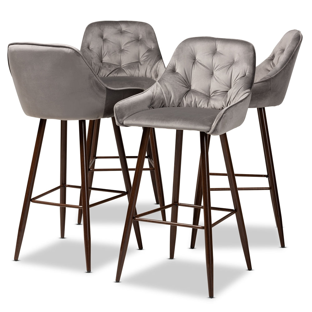 Baxton Studio Catherine Modern And Contemporary Grey Velvet Fabric Upholstered And Walnut Finished 4-Piece Bar Stool Set