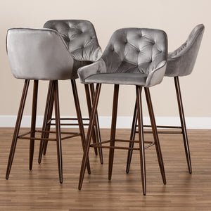 Baxton Studio Catherine Modern And Contemporary Grey Velvet Fabric Upholstered And Walnut Finished 4-Piece Bar Stool Set