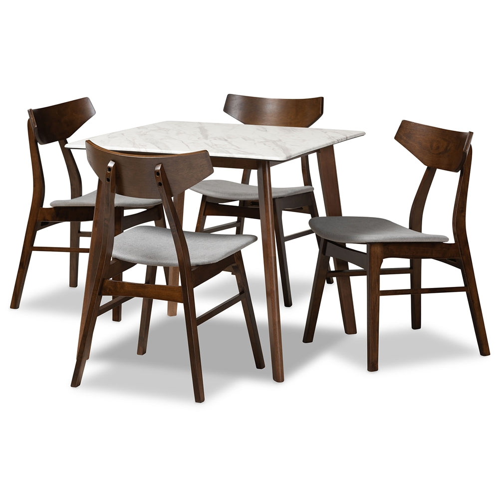 Baxton Studio Pearson Mid-Century Modern Transitional Light Grey Fabric Upholstered And Walnut Brown Finished Wood 5-Piece Dining Set With Faux Marble Table