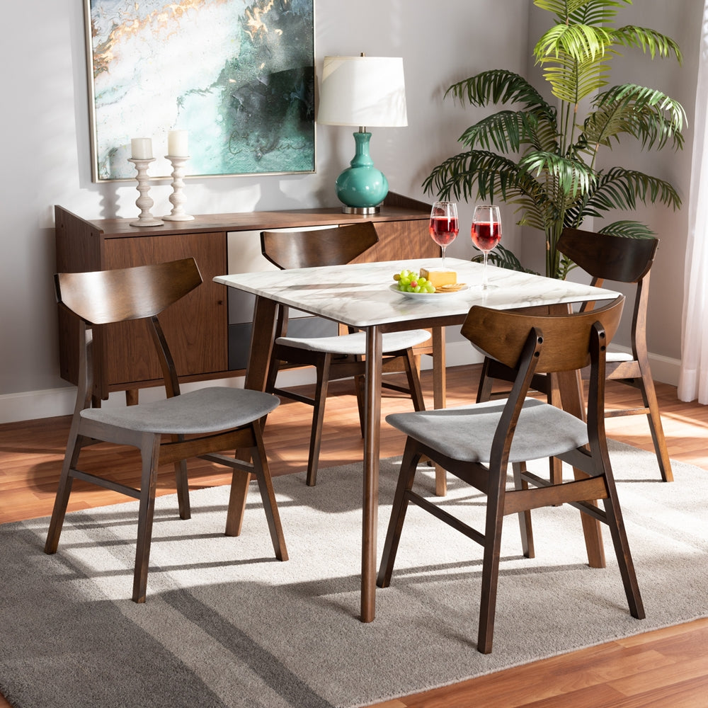 Baxton Studio Pearson Mid-Century Modern Transitional Light Grey Fabric Upholstered And Walnut Brown Finished Wood 5-Piece Dining Set With Faux Marble Table