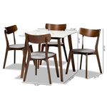 Load image into Gallery viewer, Baxton Studio Reba Mid-Century Modern Light Grey Fabric Upholstered And Walnut Brown Finished Wood 5-Piece Dining Set With Faux Marble Dining Table
