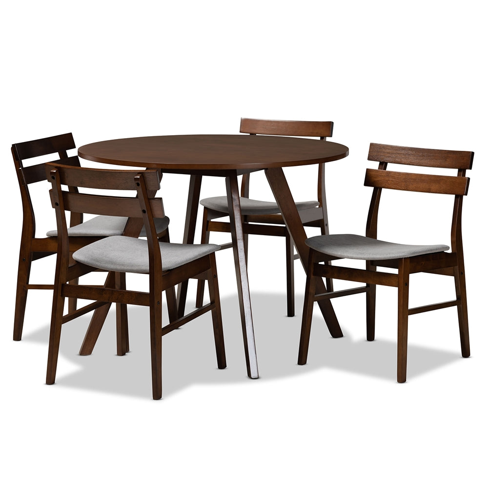 Baxton Studio Eiko Mid-Century Modern Transitional Light Grey Fabric Upholstered And Walnut Brown Finished Wood 5-Piece Dining Set