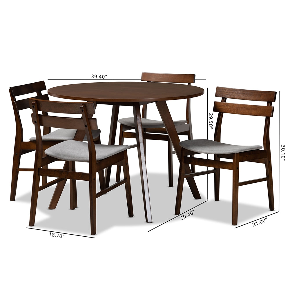 Baxton Studio Eiko Mid-Century Modern Transitional Light Grey Fabric Upholstered And Walnut Brown Finished Wood 5-Piece Dining Set