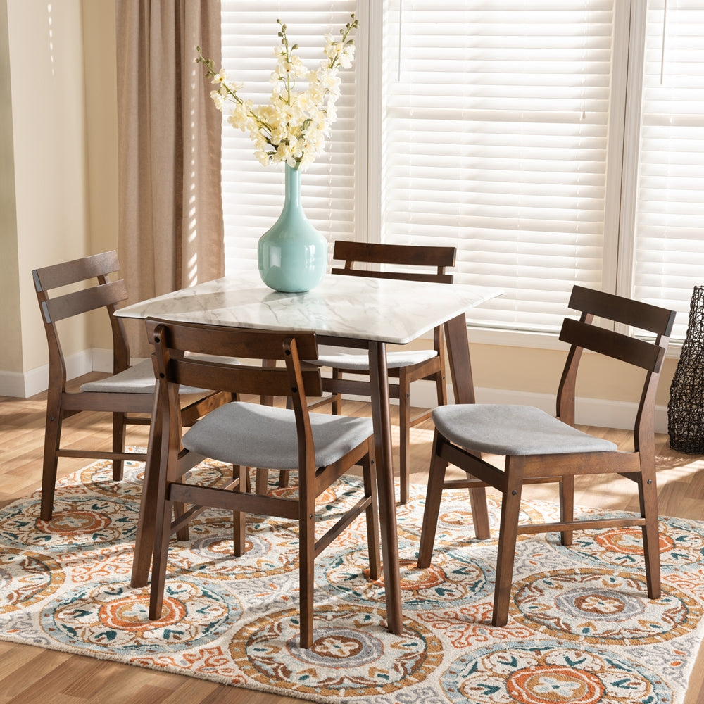 Baxton Studio Richmond Mid-Century Modern Light Grey Fabric Upholstered And Walnut Brown Finished Wood 5-Piece Dining Set With Faux Marble Dining Table