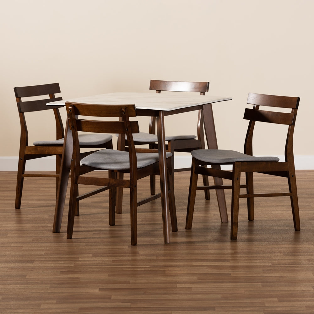 Baxton Studio Richmond Mid-Century Modern Light Grey Fabric Upholstered And Walnut Brown Finished Wood 5-Piece Dining Set With Faux Marble Dining Table