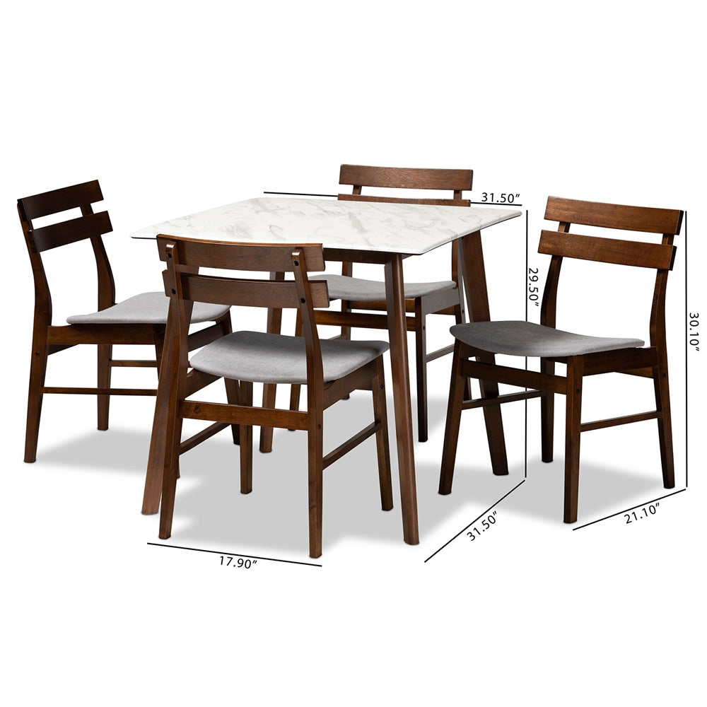 Baxton Studio Richmond Mid-Century Modern Light Grey Fabric Upholstered And Walnut Brown Finished Wood 5-Piece Dining Set With Faux Marble Dining Table