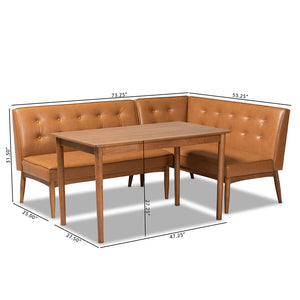 Baxton Studio Arvid Mid-Century Modern Tan Faux Leather Upholstered And Walnut Brown Finished Wood 3-Piece Dining Nook Set