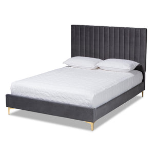 Baxton Studio Serrano Contemporary Glam And Luxe Grey Velvet Fabric Upholstered And Gold Metal Full Size Platform Bed