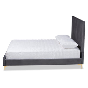 Baxton Studio Serrano Contemporary Glam And Luxe Grey Velvet Fabric Upholstered And Gold Metal King Size Platform Bed