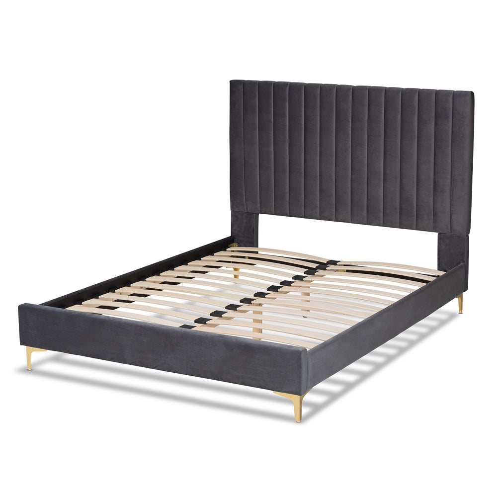 Baxton Studio Serrano Contemporary Glam And Luxe Grey Velvet Fabric Upholstered And Gold Metal Full Size Platform Bed