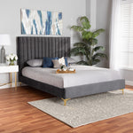 Load image into Gallery viewer, BAXTON STUDIO SERRANO CONTEMPORARY GLAM AND LUXE GREY VELVET FABRIC UPHOLSTERED AND GOLD METAL KING SIZE PLATFORM BED
