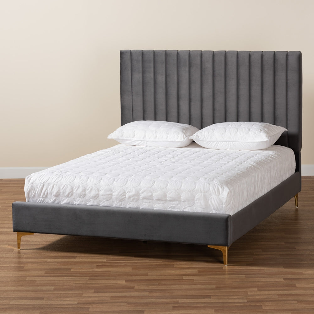 Baxton Studio Serrano Contemporary Glam And Luxe Grey Velvet Fabric Upholstered And Gold Metal King Size Platform Bed