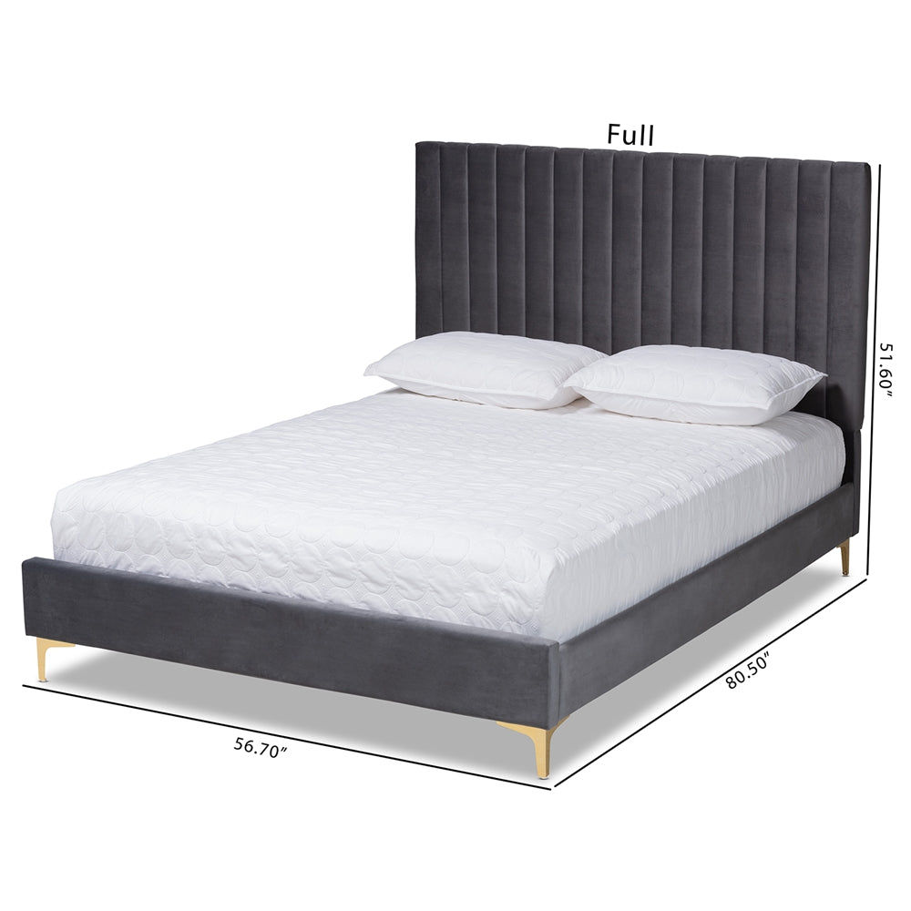 Baxton Studio Serrano Contemporary Glam And Luxe Grey Velvet Fabric Upholstered And Gold Metal King Size Platform Bed