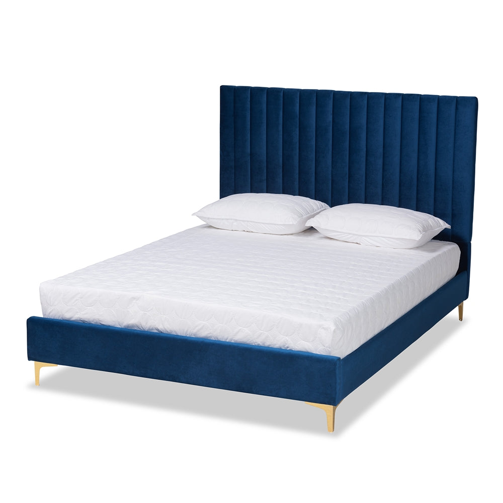 Baxton Studio Serrano Contemporary Glam And Luxe Navy Blue Velvet Fabric Upholstered And Gold Metal Queen Size Platform Bed