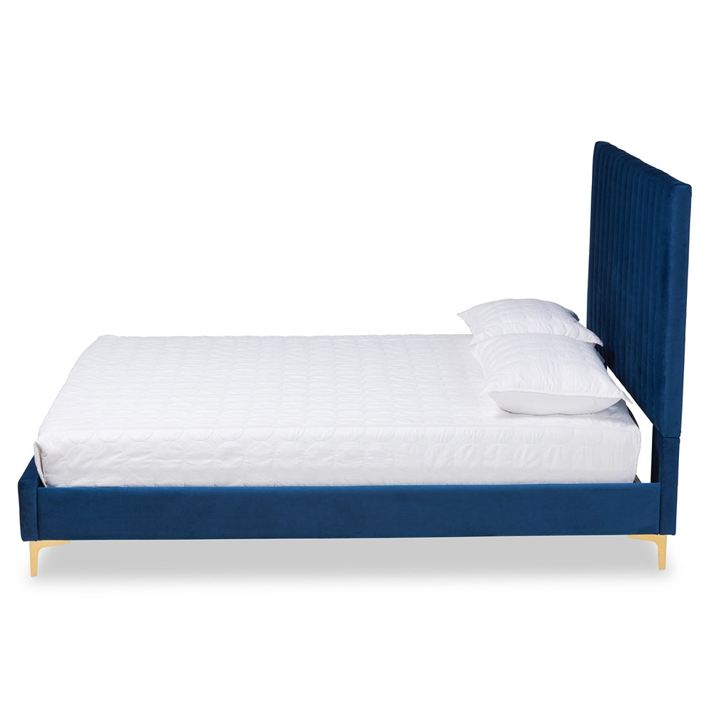 Baxton Studio Serrano Contemporary Glam And Luxe Navy Blue Velvet Fabric Upholstered And Gold Metal Queen Size Platform Bed