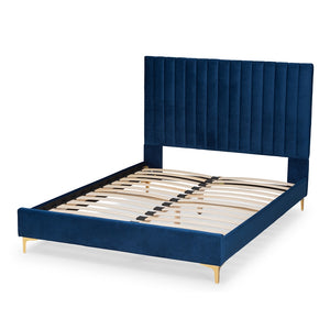 Baxton Studio Serrano Contemporary Glam And Luxe Navy Blue Velvet Fabric Upholstered And Gold Metal King Size Platform Bed