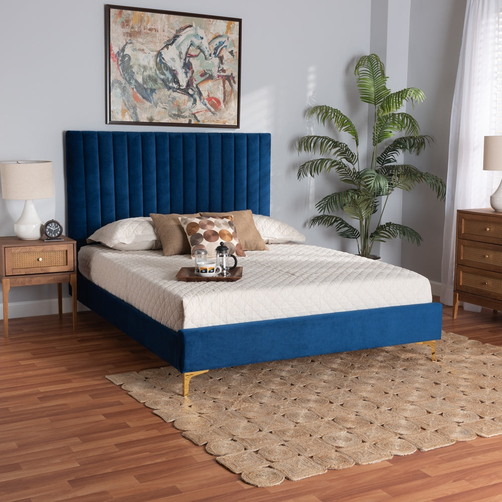 Baxton Studio Serrano Contemporary Glam And Luxe Navy Blue Velvet Fabric Upholstered And Gold Metal Full Size Platform Bed