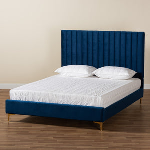 BAXTON STUDIO SERRANO CONTEMPORARY GLAM AND LUXE NAVY BLUE VELVET FABRIC UPHOLSTERED AND GOLD METAL QUEEN SIZE PLATFORM BED