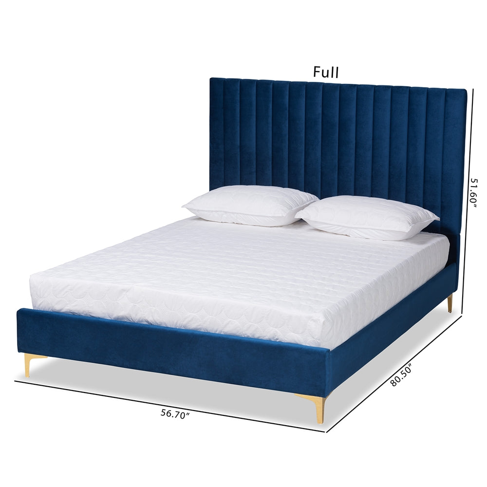 Baxton Studio Serrano Contemporary Glam And Luxe Navy Blue Velvet Fabric Upholstered And Gold Metal Queen Size Platform Bed