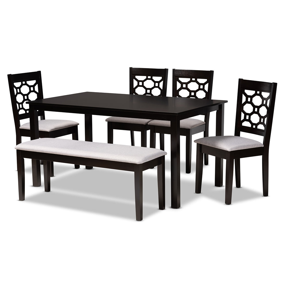 Baxton Studio Gabriel Modern And Contemporary Grey Fabric Upholstered And Dark Brown Finished Wood 6-Piece Dining Set