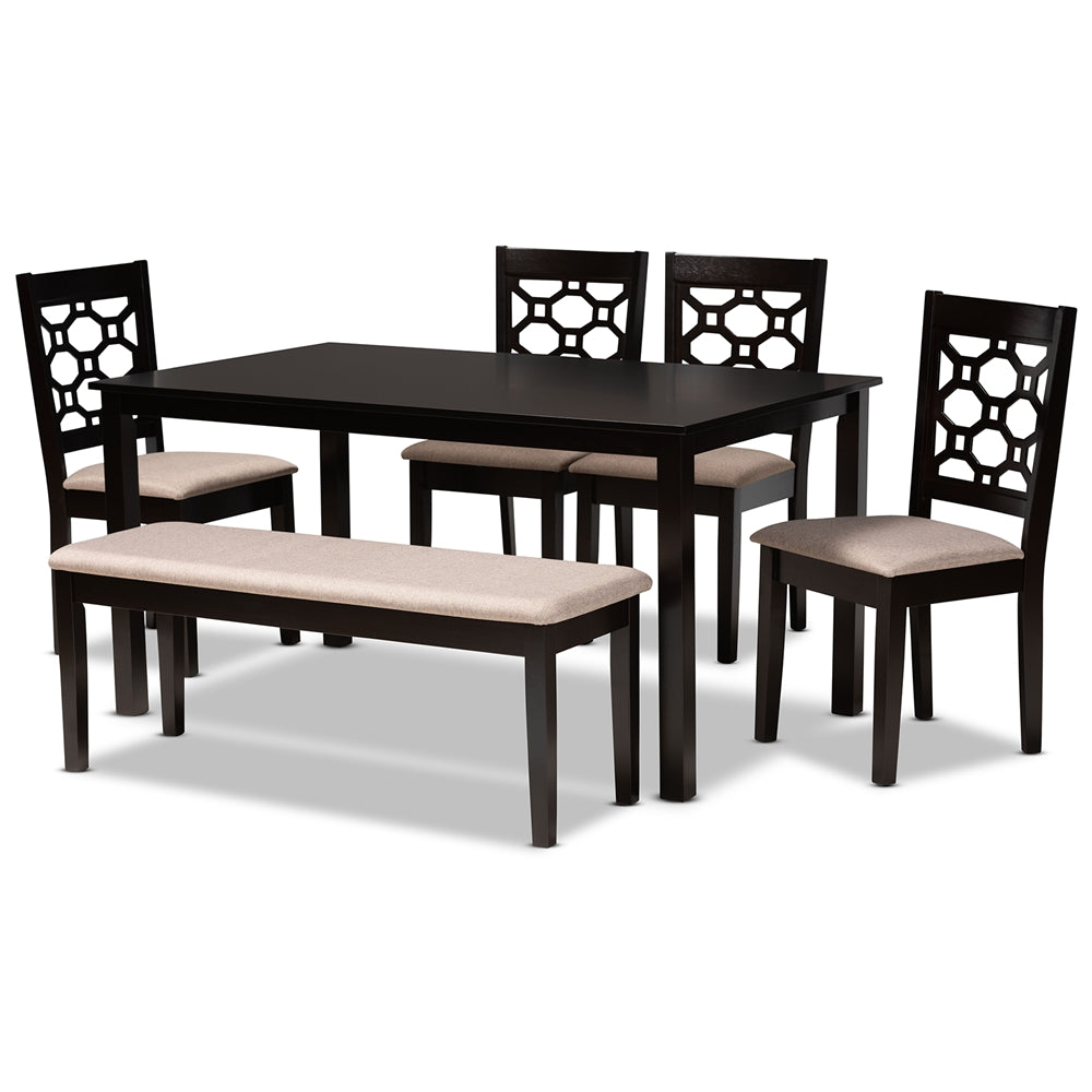 Baxton Studio Gabriel Modern And Contemporary Sand Fabric Upholstered And Dark Brown Finished Wood 6-Piece Dining Set