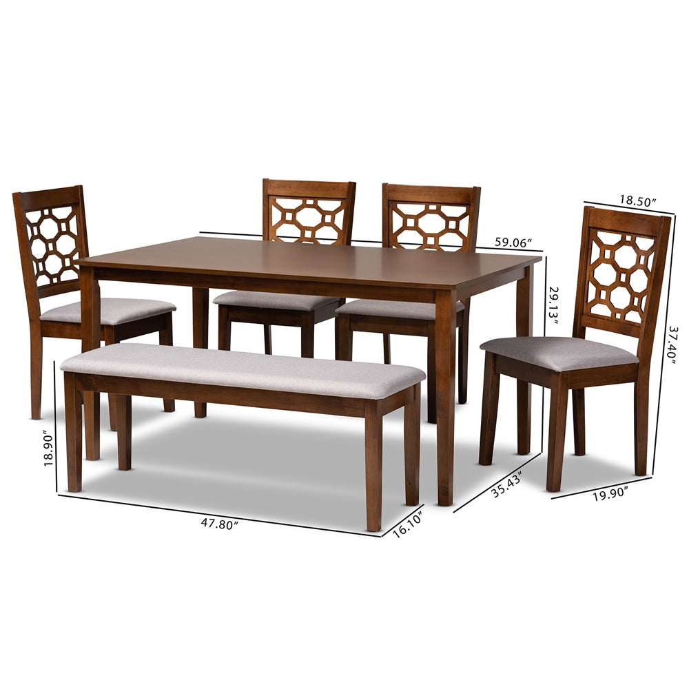 Baxton Studio Gabriel Modern And Contemporary Grey Fabric Upholstered And Walnut Brown Finished Wood 6-Piece Dining Set