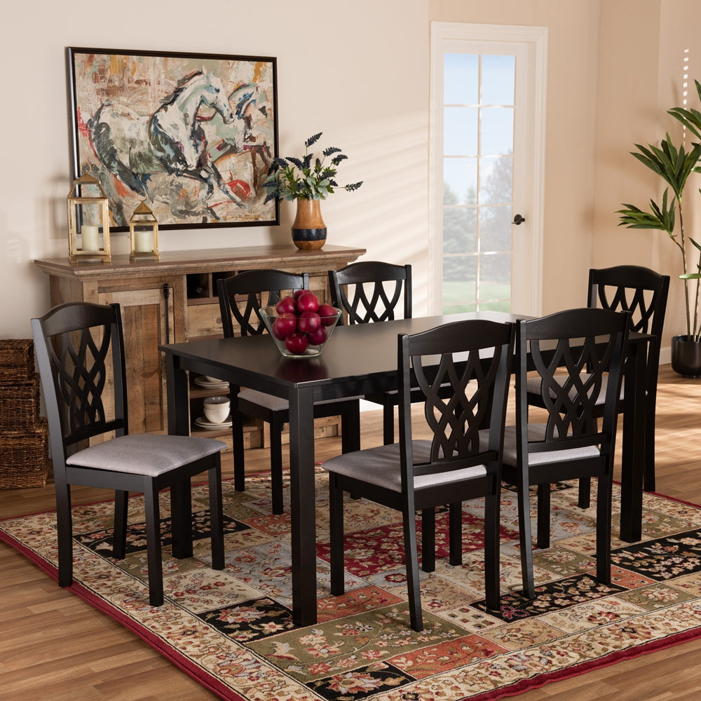 Baxton Studio Salem Modern And Contemporary Grey Fabric Upholstered And Dark Brown Finished Wood 7-Piece Dining Set