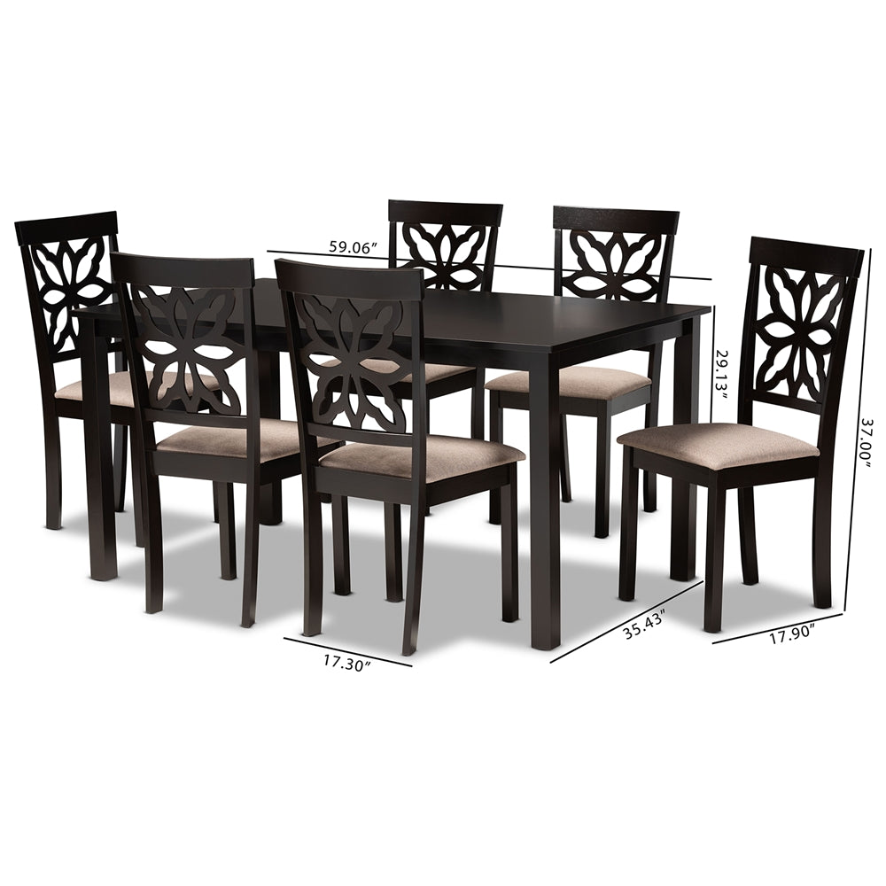 Baxton Studio Dallas Modern And Contemporary Sand Fabric Upholstered And Dark Brown Finished Wood 7-Piece Dining Set