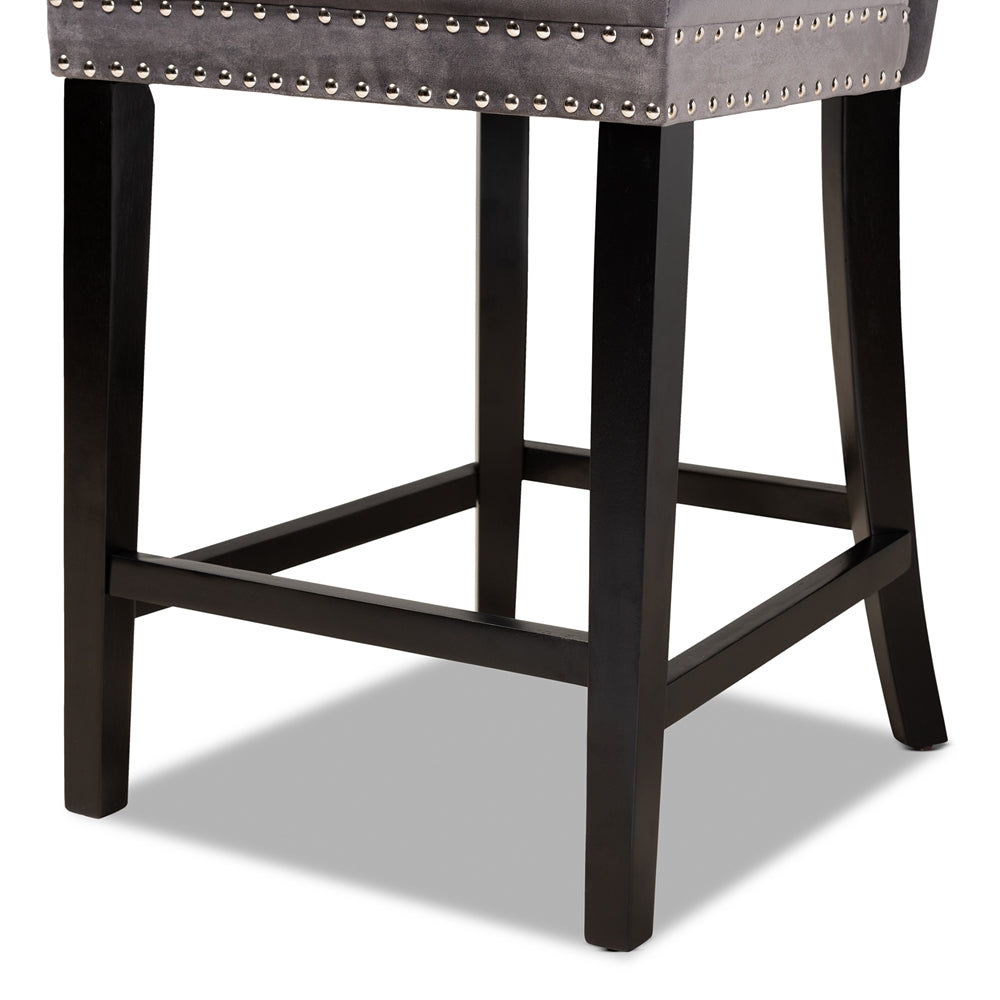 BAXTON STUDIO HOWELL MODERN TRANSITIONAL GREY VELVET UPHOLSTERED AND DARK BROWN FINISHED WOOD 2-PIECE COUNTER STOOL SET