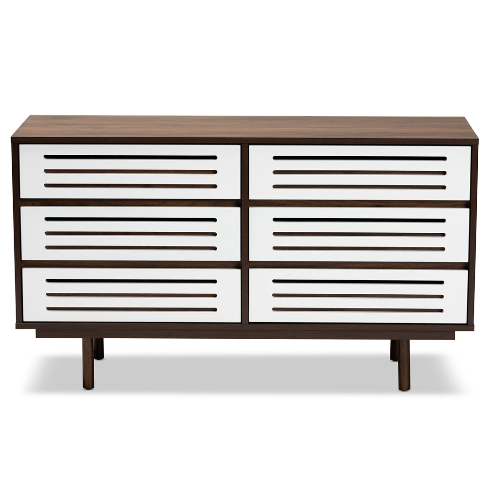 Baxton Studio Meike Mid-Century Modern Two-Tone Walnut Brown And White Finished Wood 6-Drawer Dresser