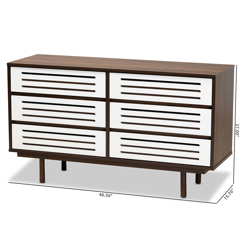 Baxton Studio Meike Mid-Century Modern Two-Tone Walnut Brown And White Finished Wood 6-Drawer Dresser