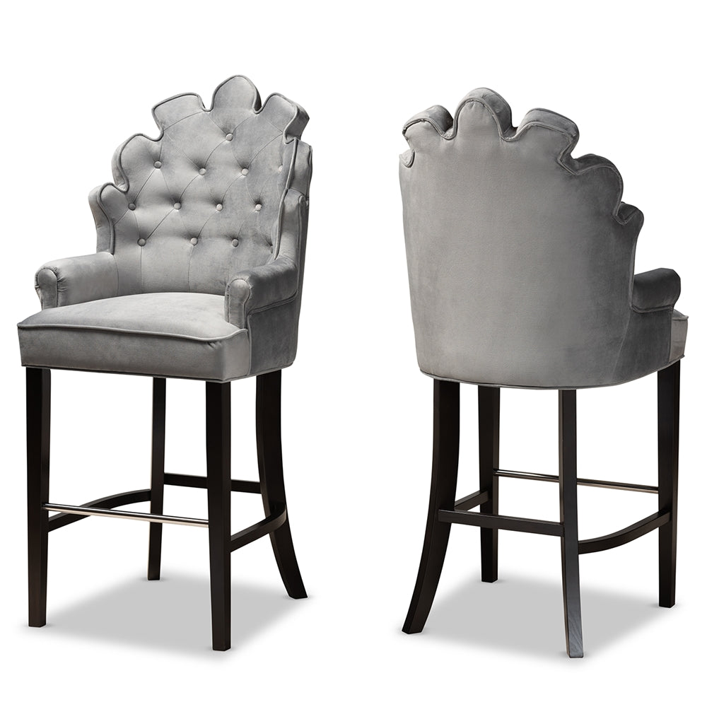 Baxton Studio Chloe Modern and Contemporary Velvet Upholstered and Dark Brown Finished Wood 2-Piece Bar Stool Set