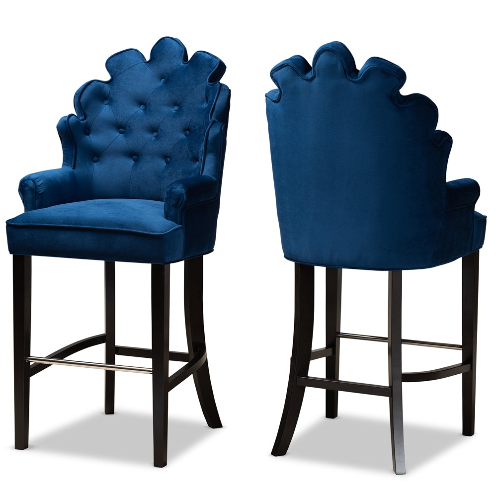 Baxton Studio Chloe Modern And Contemporary Navy Blue Velvet Upholstered And Dark Brown Finished Wood 2-Piece Bar Stool Set