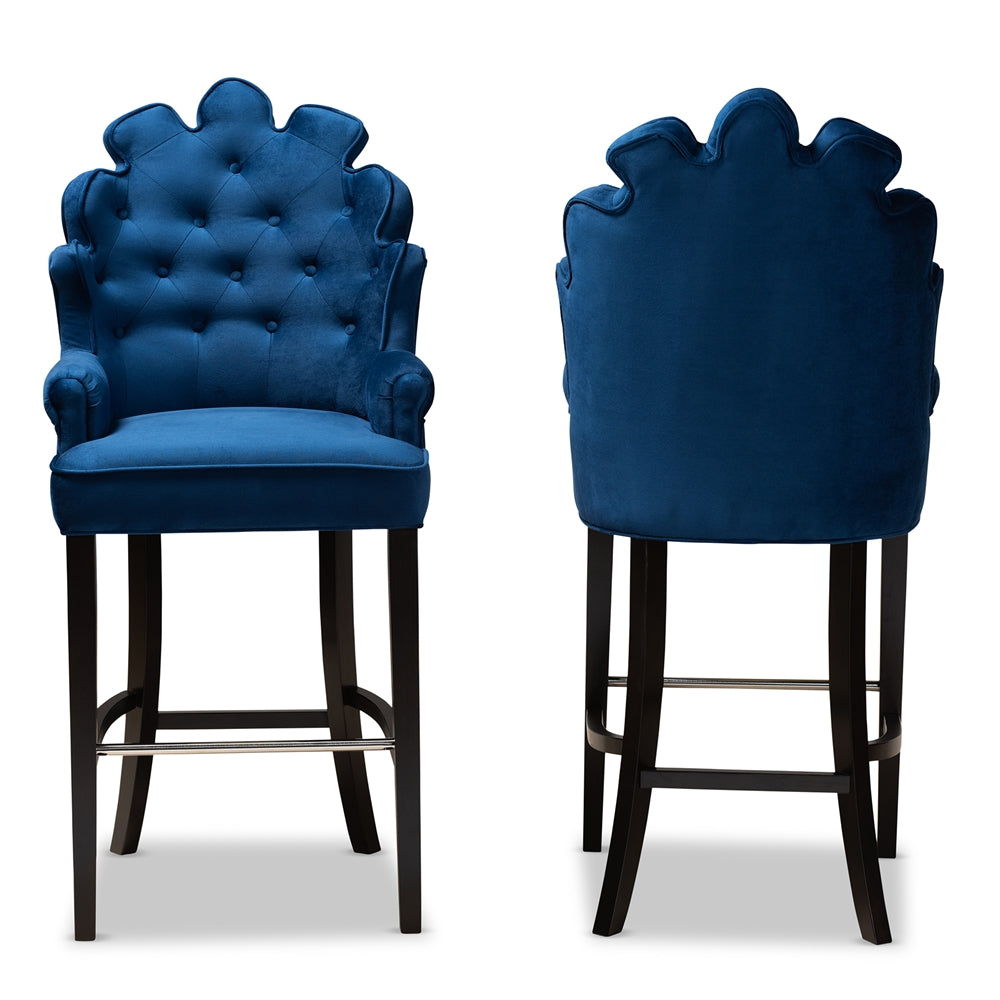 Baxton Studio Chloe Modern And Contemporary Navy Blue Velvet Upholstered And Dark Brown Finished Wood 2-Piece Bar Stool Set