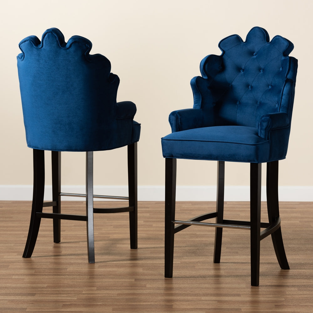 Baxton Studio Chloe Modern And Contemporary Navy Blue Velvet Upholstered And Dark Brown Finished Wood 2-Piece Bar Stool Set