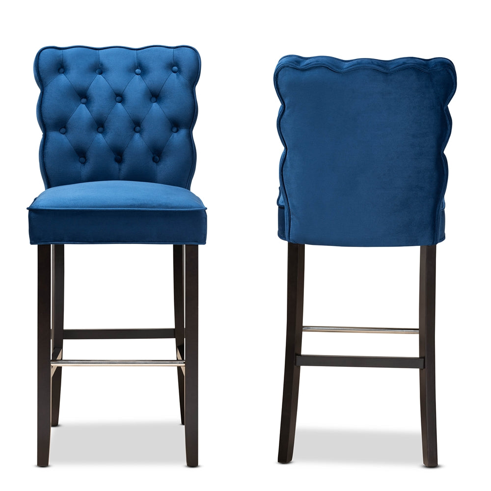 Baxton Studio Daphne Modern And Contemporary Navy Blue Velvet Fabric Upholstered And Dark Brown Finished Wood 2-Piece Bar Stool Set