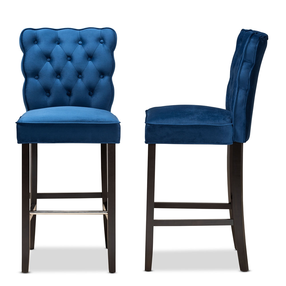 Baxton Studio Daphne Modern And Contemporary Navy Blue Velvet Fabric Upholstered And Dark Brown Finished Wood 2-Piece Bar Stool Set