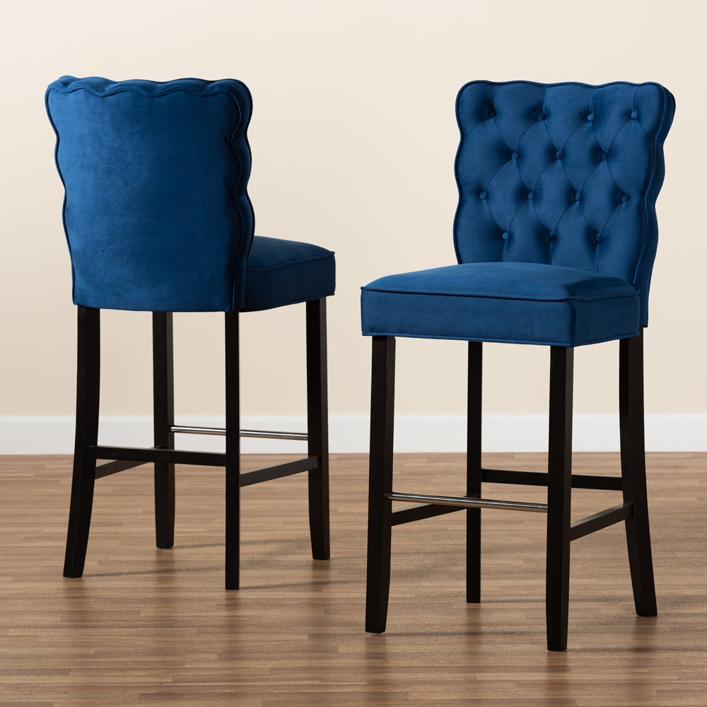 Baxton Studio Daphne Modern And Contemporary Navy Blue Velvet Fabric Upholstered And Dark Brown Finished Wood 2-Piece Bar Stool Set